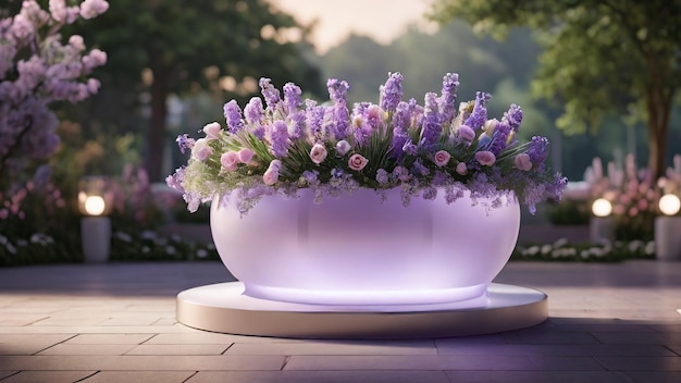 Pedestal for displaying products floral environmental background with leaves and flowers