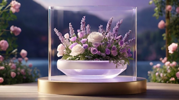 Pedestal for displaying products floral environmental background with leaves and flowers