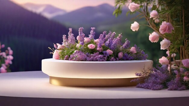 Pedestal for displaying products floral environmental background with leaves and flowers