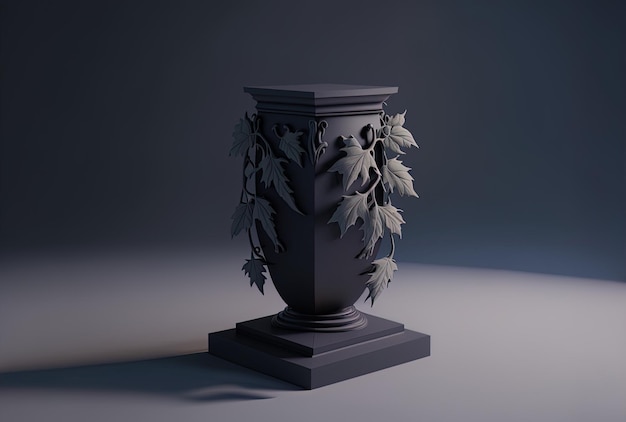 Pedestal for displaying products with a gray wall and shadowy foliage