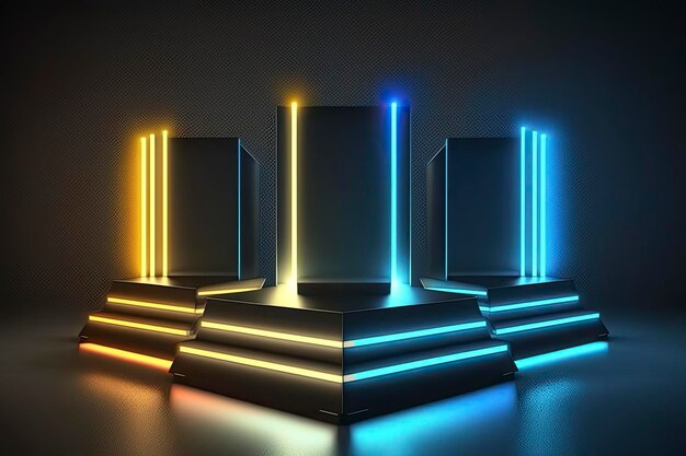 Pedestal illuminated with neon lights Generative AI