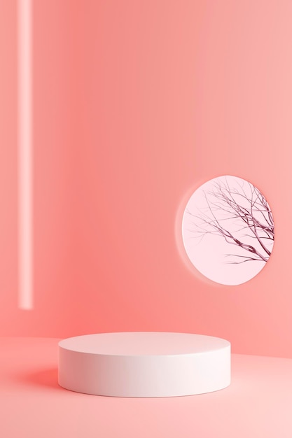 Piedistallo in interni rosa con ombre ad albero 3d rendering dello sfondo