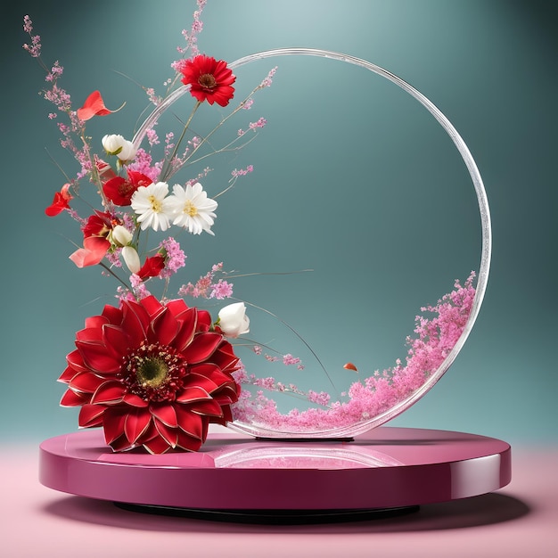 赤い花と花びらを持つ製品プレゼンテーション用の台座またはプラットフォーム