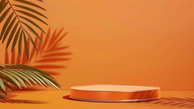 Photo pedestal podium orange background with palm tree leaves for natural products