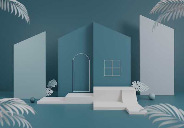 Pedestal podium selective focus navy blue jelly bean product showcase stage with mock up house and Monstera tree houseplant and palm leaves 3D rendering illustration