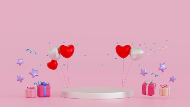 Podio con piedistallo con scatola regalo e palloncino per il rendering 3d della stagione di san valentino o anniversario