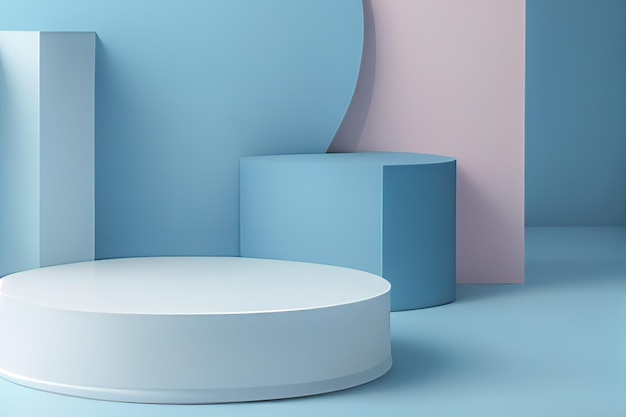 Pedestal podium with rounded corners in blue and white Platform with geometric shapes