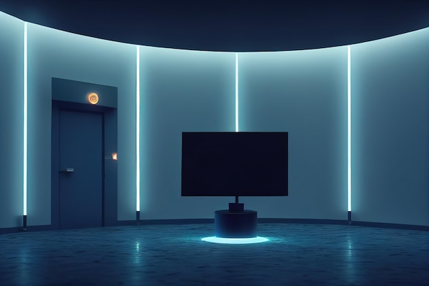 水平のネオン ランプで照らされたサイエンス フィクションのダークブルーの抽象的な部屋の台座ベクトル レンダリング製品ディスプレイ プレゼンテーション