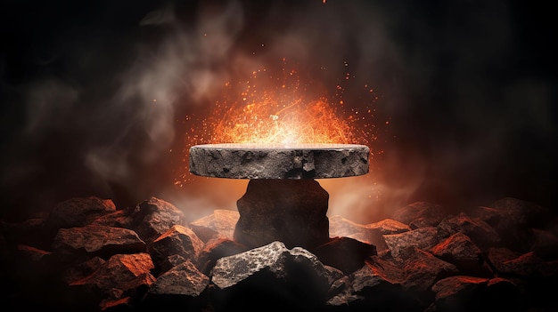 Pedestal stone podium in Fire with fire spark on drak background