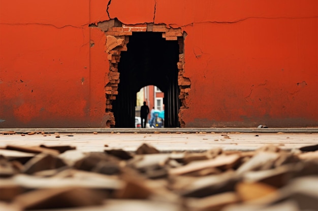 A pedestrian casually strolling past a red brick street barrier