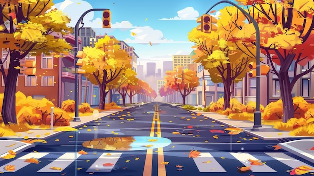 Pedestrian crossing in a city street with street light and puddles on wet pavement yellow trees and shrubs cityscape buildings Modern illustration