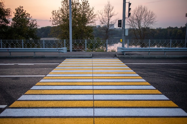 Pedestrian crossing with traffic lights across an asphalt road