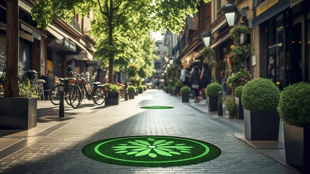 Pedestrian street with a green eco symbol