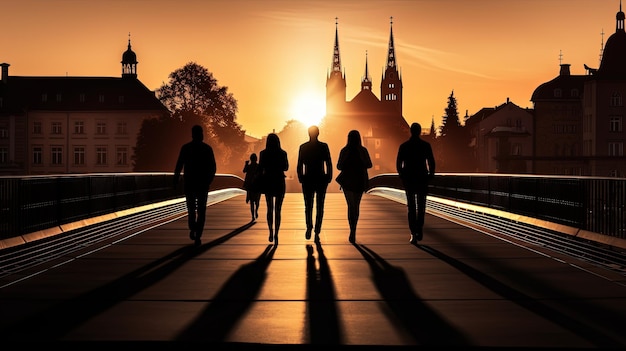 Pedestrians on Freiburg bridge cast shadows silhouette concept