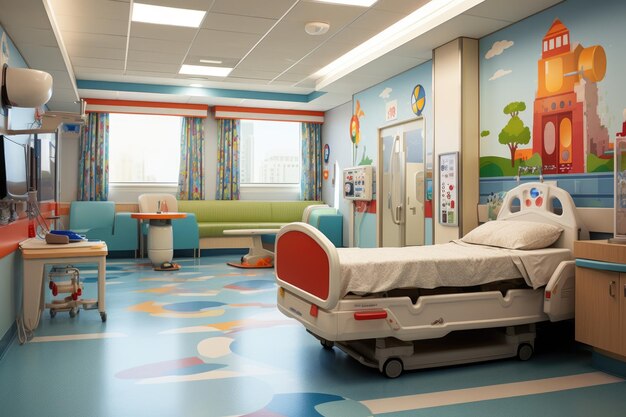 Фото Детская больничная комната с красочной кроватью, игрушками и наклейками на стене