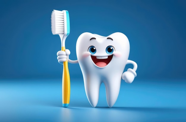 Фото Детская стоматология мультфильмный персонаж с белым зубом на цветном фоне с зубной щеткой