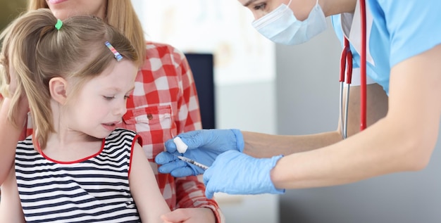 Врач педиатр делает прививку маленькой девочке в плечо