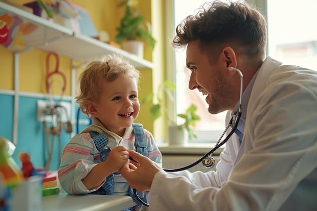 Photo pediatrician engaging with toddler during checkup