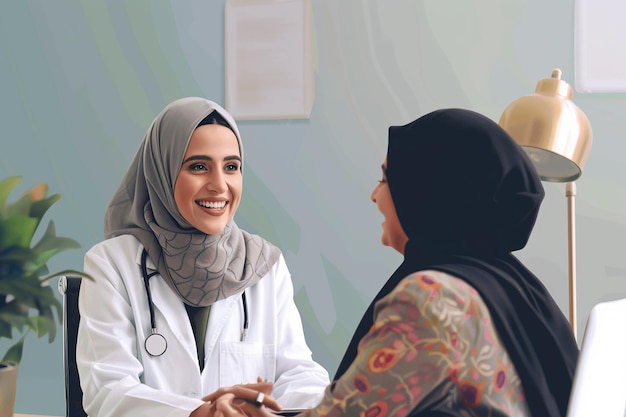 ヒジャブを着た小児科医がAIで生成された患者に微笑んでいる