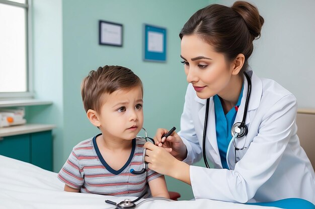 Foto pediatrisch arts onderzoekt kleine jongen met stethoscoop