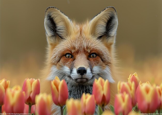 Photo peeking fox curious behind a bed of tulips