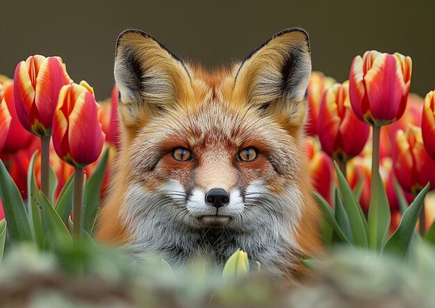 Photo peeking fox curious behind a bed of tulips