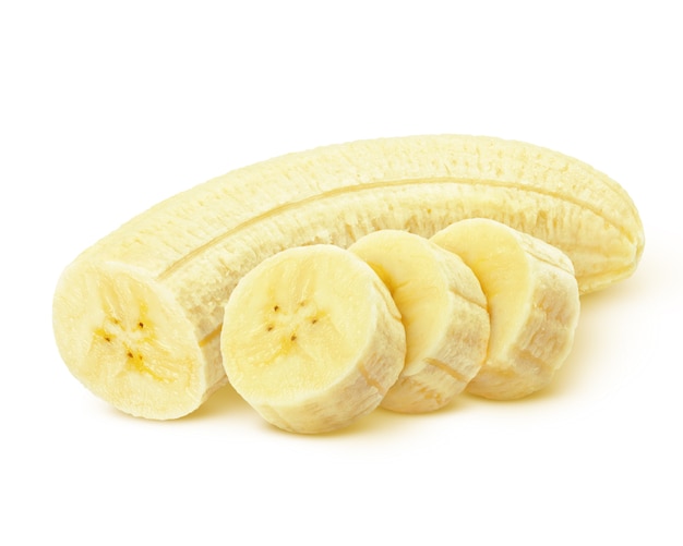 Peeled banana slices on white surface