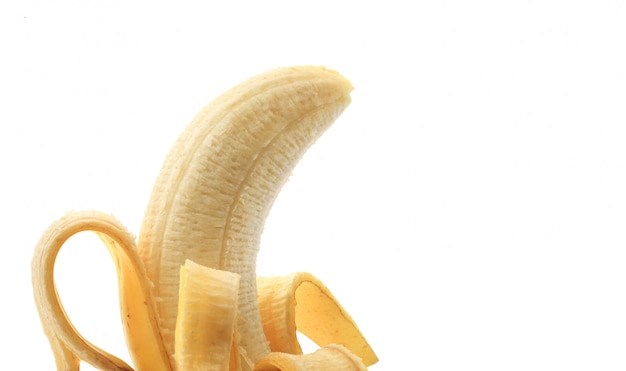 Peeled banana on white background