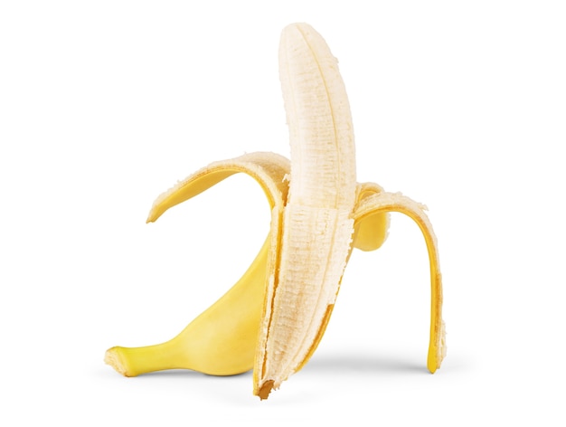 Peeled banana on white background