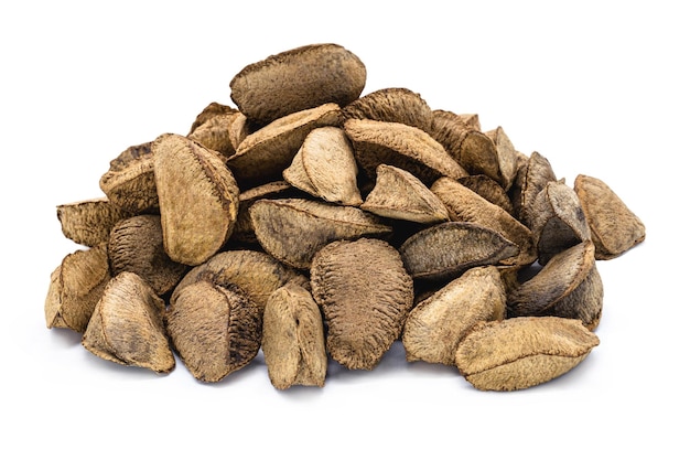 Peeled Brazilian nut, outside the coconut, known as "Castanha do ParÃ¡", Brazil nut, Image on isolated white background.