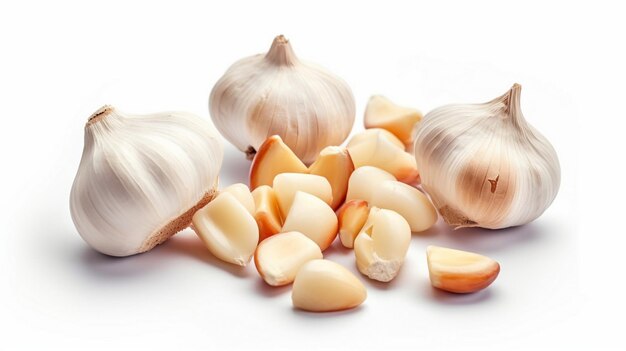 Photo peeled garlic cloves and bulb isolated