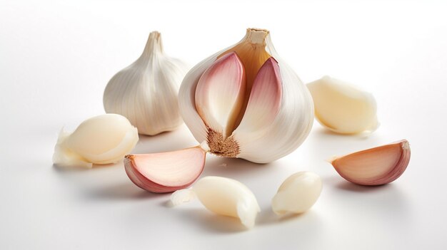 Photo peeled garlic cloves and bulb isolated