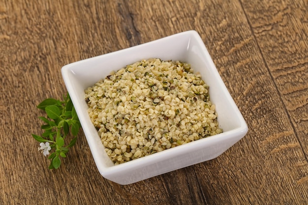 Peeled hemp seeds in the bowl