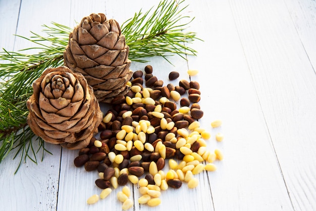 peeled kernels of cedar nuts and two pine cones