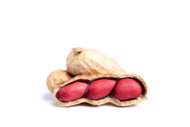 peeled peanuts and peanut pod on white wall