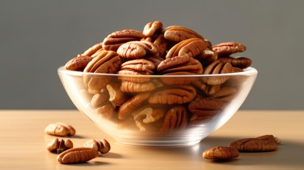 Peeled pecan nuts in bowl on white table generative ai