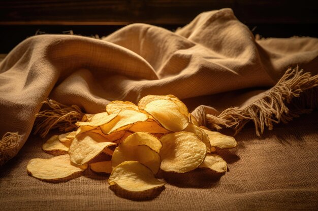 Photo peeled potato and chips resting on jute texture