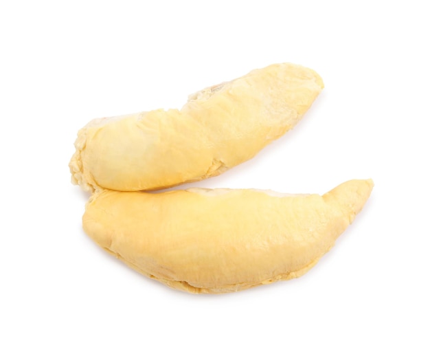 Peeled ripe durian on white background top view