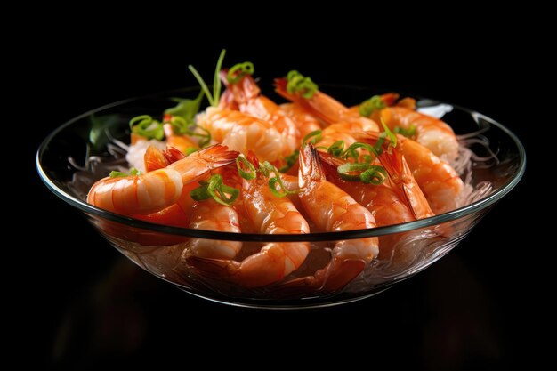 Peeled shrimps dish on a black background