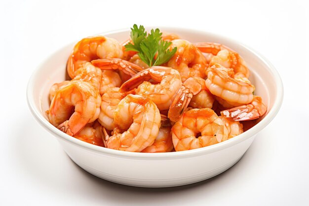 Peeled shrimps dish on a white background