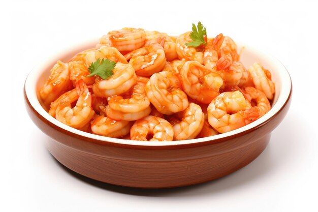 Peeled shrimps dish on a white background