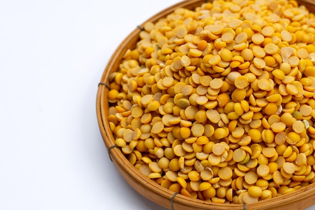 Peeled split soy beans on bamboo plate