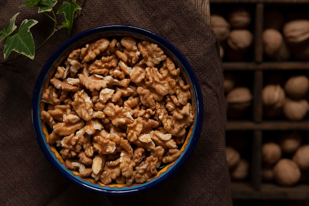 Peeled walnuts in rustic style