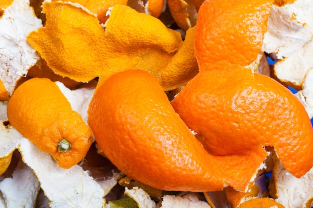 Peels of oranges and mandarins close up