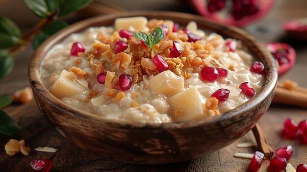 Foto peer- en granaatappel havermout schotel met granola