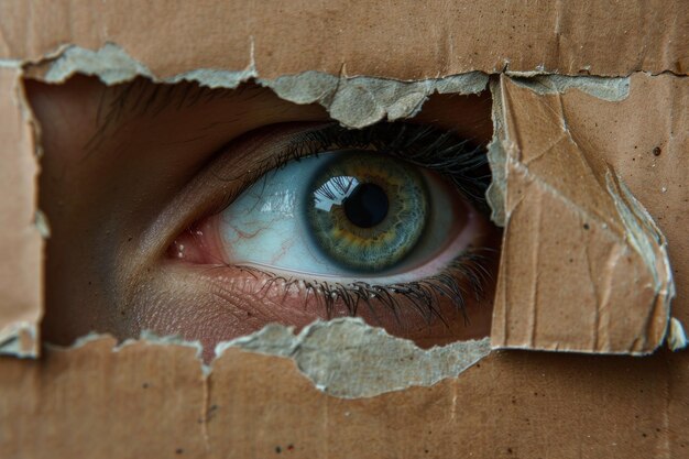 Photo peering through a torn cardboard