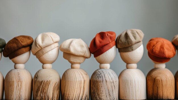 Peg dolls with berets on their heads lined up