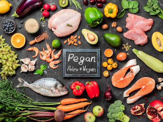 Pegan diet concept Paleo plus vegan food ingredients