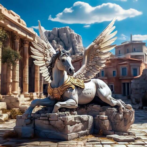 Photo pegasus resting on_a stone around a greek city in 3d