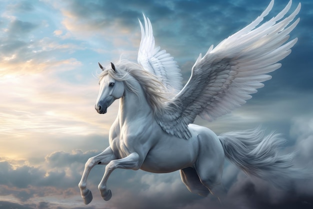 Pegasus soars majestically through the blue skies generative IA